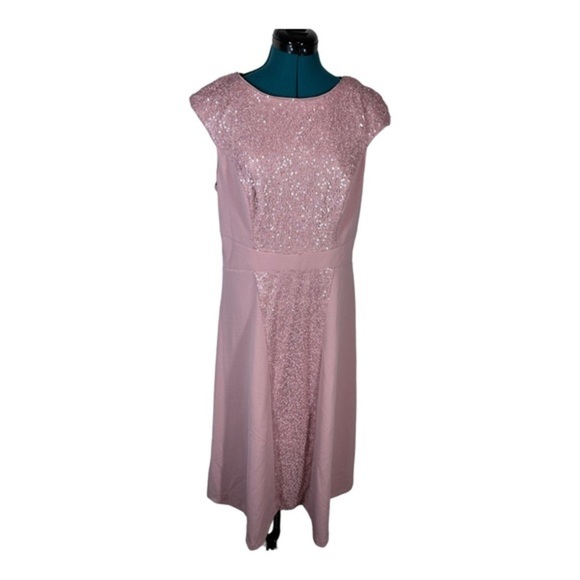 JS Collection Sequin & Crepe Midi Flare Dress in Blush Pink - Picture 8 of 10